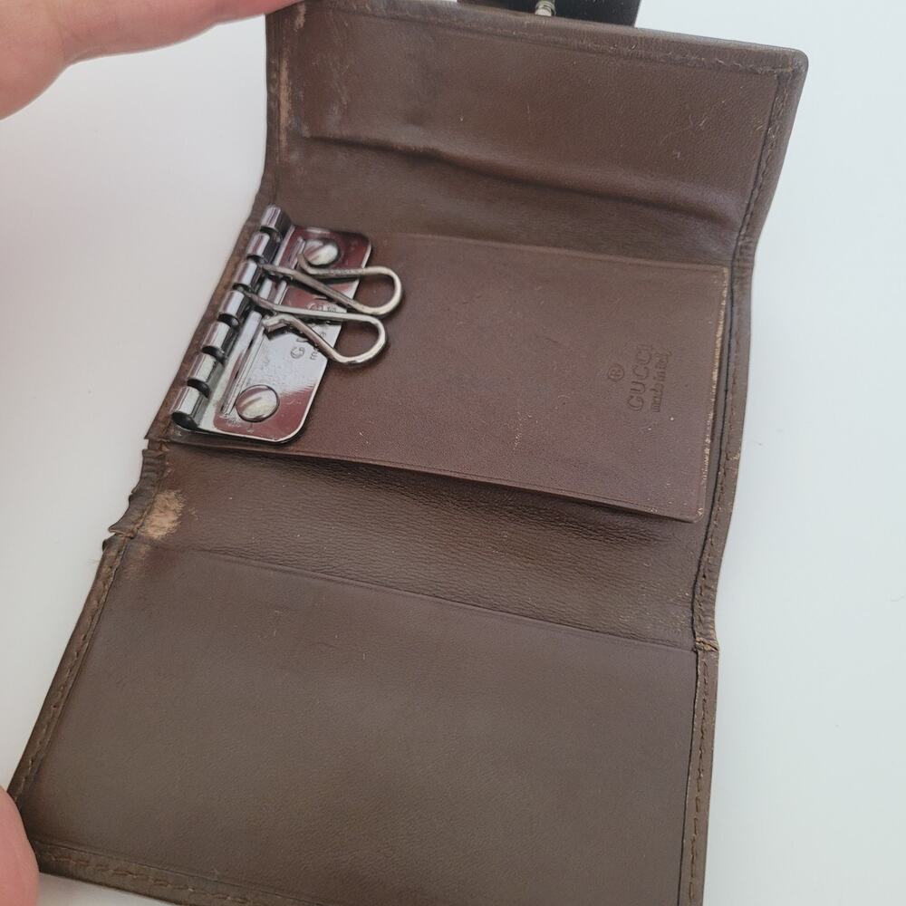GUCCI GG Logo Plate Key Holder Wallet Case Leather Canvas Small Unisex Brown - Picture 3 of 10